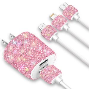 Bling USB Wall Charger with Charging Cable,Fast Block for iPhone Android,3 in 1 Multi Cable Micro USB Type C Multiple USB Cord with Crystal Decor,Cell Phone Accessories for Women,Girls
