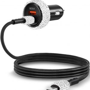 Bling USB C Car Charger, 48W PD QC Dual Port Fast Adapter with 3.2FT Type-C Charging Cable Compatible for iPhone 16 15 Pro Max iPad Android