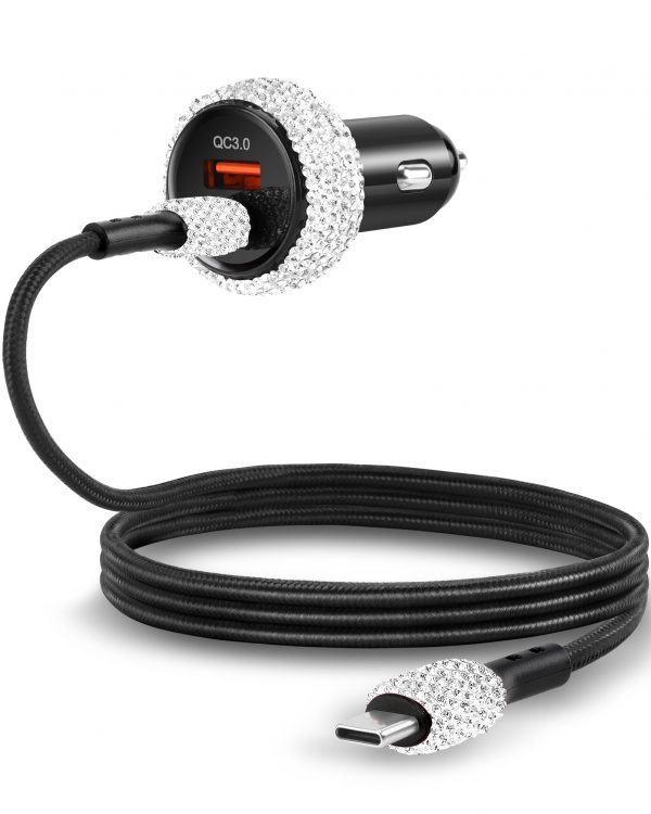 Bling USB C Car Charger, 48W PD QC Dual Port Fast Adapter with 3.2FT Type-C Charging Cable Compatible for iPhone 16 15 Pro Max iPad Android